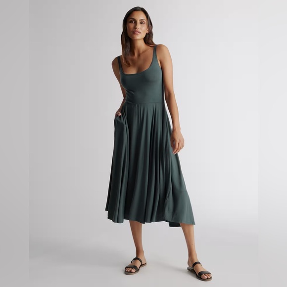 NEW Quince Tencel Fit & Flare Knit Dress midi Dark Olive pockets scoop tank - Picture 1 of 10